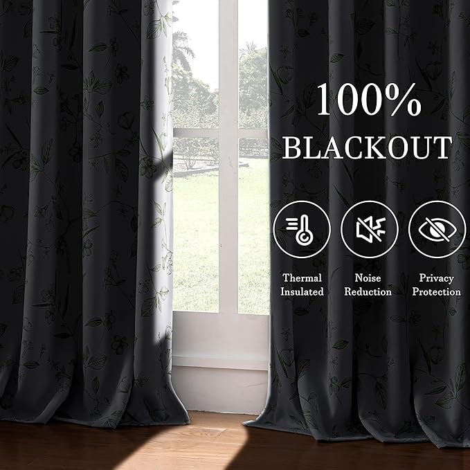 ChrisDowa 100% Blackout Floral Curtains 96 Inches Long 2 Panels for Bedroom Living Room Sage Green Flower Patterned Room Darkening Thermal Insulated Soundproof Grommet Window Treatments Drapes,52X96