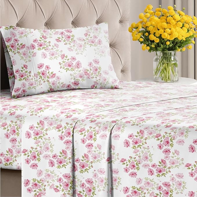 Floral Sheets - Pink Floral Bed Sheet Set - 1 Flat, 1 Fitted & 1 Pillowcase w/ Deep Pockets - Comfy, Wrinkle & Fade Free - Boho Botanical Bedding - Ultra-Soft, Breathable and Cooling - Twin Size Set