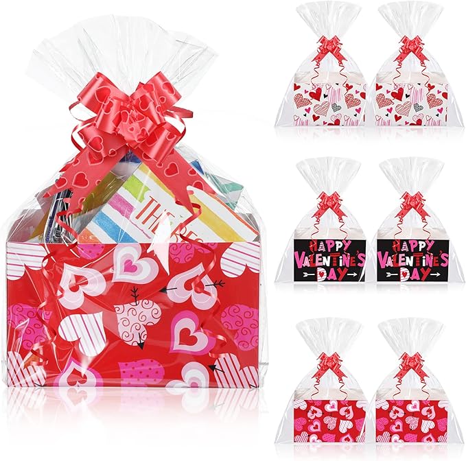 Tatuo 120 Pcs Valentines Day Baskets Gifts Empty Set Includes Valentines Empty Market Tray Cardboard Basket Clear Cellophane Bags Gift Tags Pull Bows for Wedding Holiday Birthday Party Supplies