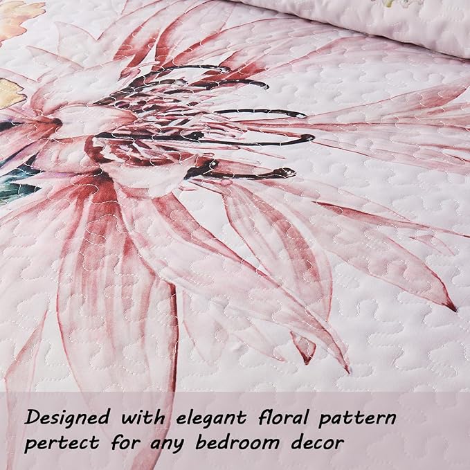 Yogeneg King Size Quilt Set, Elegant Floral Botanical Pattern Pink Bedding Set,3 Piece Lightweight Soft Summer Bedspread Coverlet with 2 PIillow Sham for All Season(Blush Floral,110"x96")