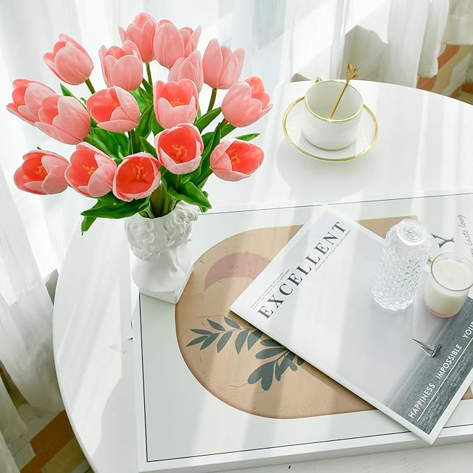 Mandy's Artificial Tulips 12 Stems Light Pink Partially Open PU Faux Flowers for Thanksgiving and Christmas Decorations Wedding Home Decor 13.5 Inch