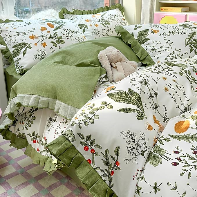 LifeTB Botanical Flower Comforter Set Full Vintage Green Floral Bedding Comforter with Elegant Ruffles Reversible Boho Floral Bedding Set Fluffy Princess Lace Ruffle Comforter Set for Kids Teen Girls
