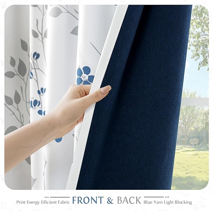 Beauoop Floral 100% Blackout Curtains 72 Inches Long 2 Panels for Bedroom Living Room Blue Grey and White Flower Patterned Room Darkening Thermal Soundproof Grommet Window Treatments Drapes, 52X72