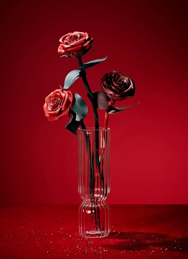 Handcrafted Genuine Leather Rose with Stem, Red, Gift Box Presentation, Lifelike Artisan Flower for 3rd Wedding Anniversary, Mother's Day (Dark Red)