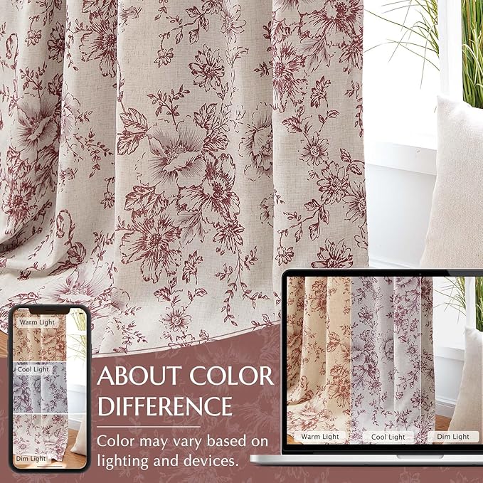 jinchan Blackout Floral Curtains Linen Blend Curtain for Living Room 84 Inch Length Christmas Brick Red Flower Printed Drapes for Bedroom Rod Pocket Back Tab Farmhouse Curtains Set 2 Panels
