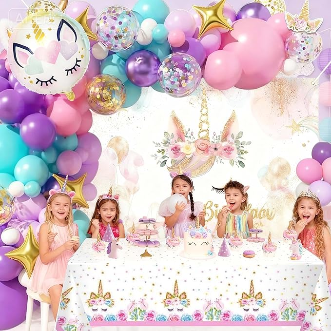 Unicorn Birthday Party Decorations For Women Girls,Happy Birthday Banner,Purple Pink Balloon Arch Kit,Foil Balloons,Cake toppers