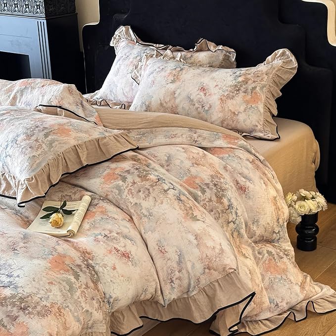 VM VOUGEMARKET Muslin Cotton Duvet Cover Set King Shabby Pink Flower Duvet Cover with Ruffles Soft Linen Like Gauze Comforter Cover with Zip Closure and Corner Ties- 104"x90"