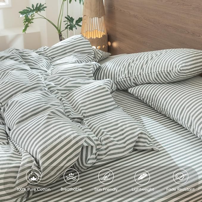 MooMee Striped Duvet Cover Set 100% Washed Cotton Linen Like Textured Breathable Durable Soft Comfy (Heathered Green Classic Stripes, King 104"x90")