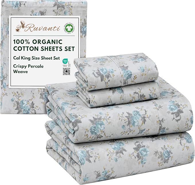 RUVANTI 100% Organic Cotton Sheets California King, Percale Weave, GOTS Certified, 4-Piece Set, Deep Pocket 13", Crisp & Breathable, Soft Durable Bedding, Sábanas Algodón Orgánico – Blue Rose