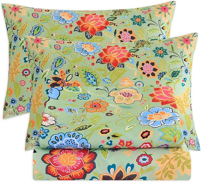 Bedlifes California King Sheet Set Ultra Soft, Breathable, Silky Flower Deep Pocket 100% Microfiber Bedding, 4 Piece Cal King Size with Floral Sage Green
