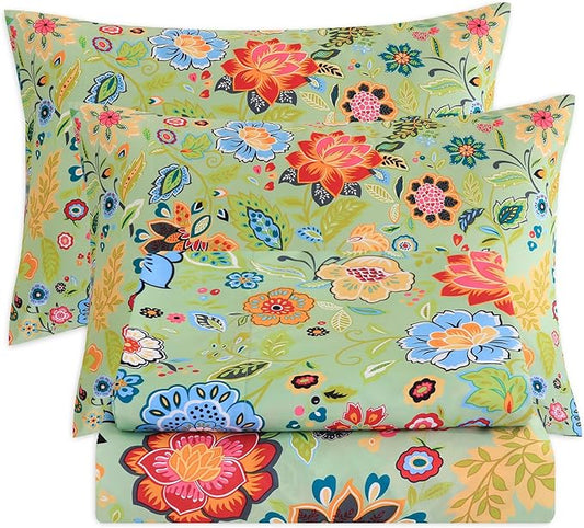 Bedlifes Twin Sheet Set Ultra Soft, Breathable, Silky Flower Deep Pocket 100% Microfiber Bedding, 3 Piece Twin Size with Floral Sage Green
