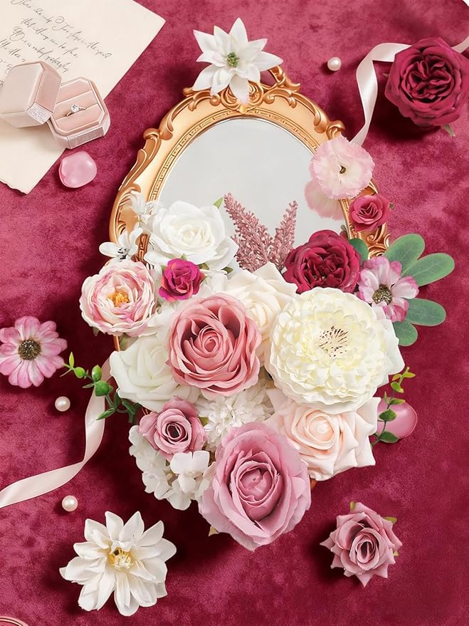 Artificial Flowers Combo Box Set White Pink Fake Roses Silk Flowers with Stems for DIY Wedding Bridal Bouquets,Floral Arrangement,Table Centerpieces,Baby Shower,Home Decorations