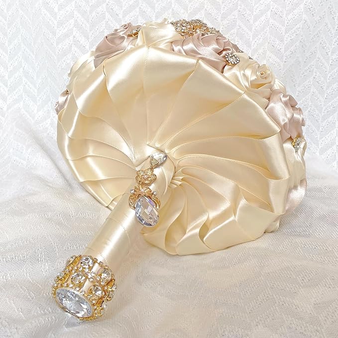 Handmade Satin Rose Floral Bling Pearl Decor Bridal Wedding Bouquet Rhinestone Pendant Artificial Brooch Flowers for Bride Bridesmaid Quinceanera