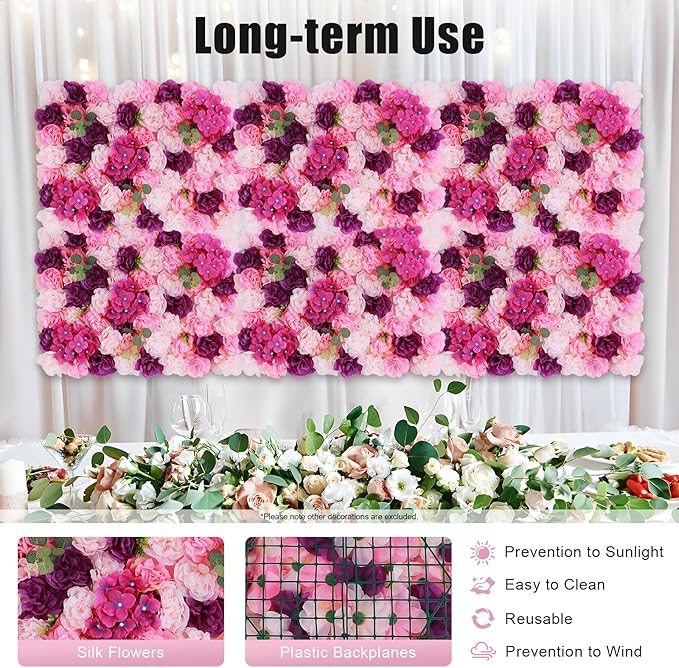 Flower Wall Panel Set,Artificial Wall Flower Backdrop,6Pcs 23.62 * 15.74 3D Silk Hydrangea Rose Floral Panel,Faux Roses Artificial Flower Backdrop for Wall Decor (6PCS Pink, Purple)