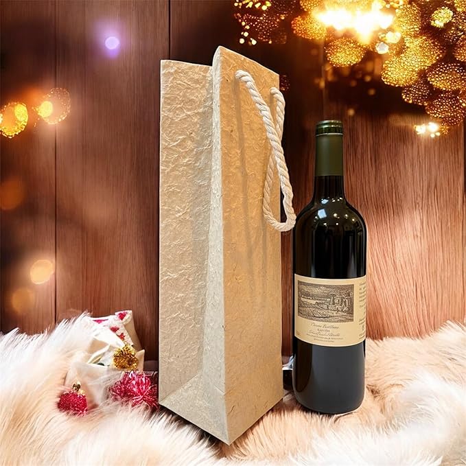 Paperry 14" Wine Gift Bag, Handmade Mulberry Paper, Multiple Design, Kozo Paper Bag, Reusable, Eco-Friendly, Single Pack (Natural)