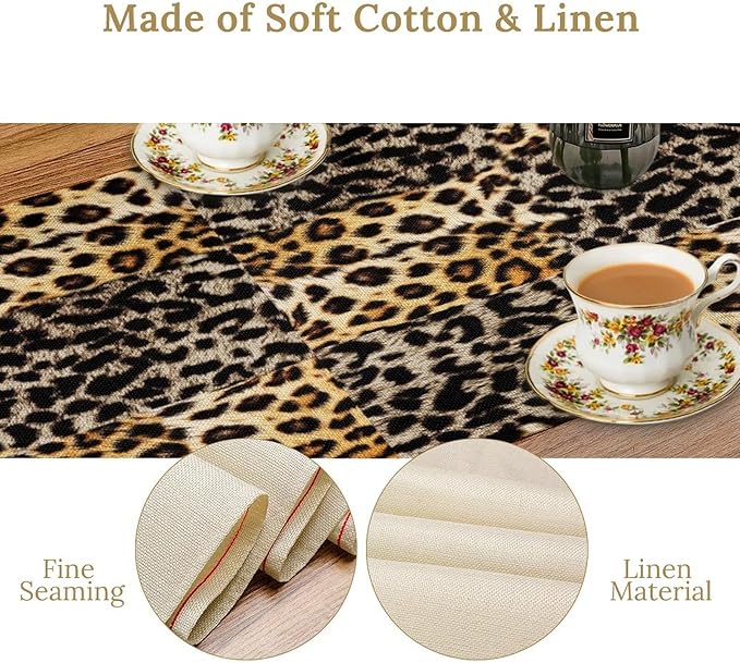 Animal Skin Print Table Runner, Vintage Leopard Farmhouse Cottage Country Western Wildlife Safari Dinner Runner for Home Kitchen Dining Table Party Holiday 13x60in