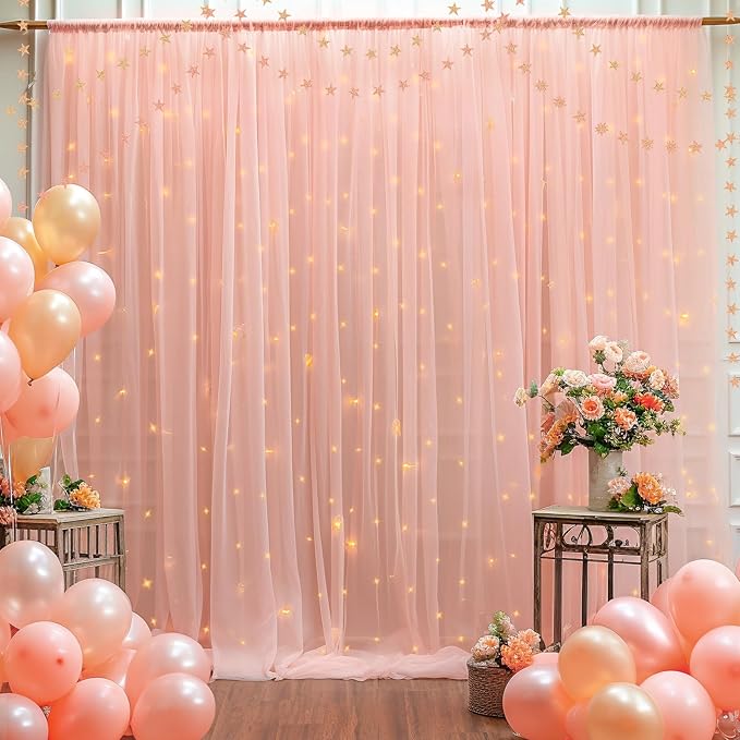 20x8ft Peach Tulle Backdrop Curtain with Lights String for Parites, Sheer Backdrop Curtains for Wedding Baby Shower Birthday Party Photo Shoot Decorations