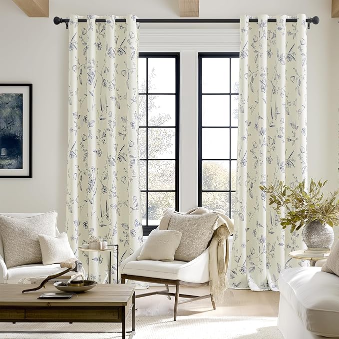 ChrisDowa Beige 100% Blackout Curtains 84 Inches Long 2 Panels for Bedroom Living Room Navy Blue Flower Patterned Room Darkening Thermal Insulated Soundproof Grommet Window Treatments Drapes,52X84