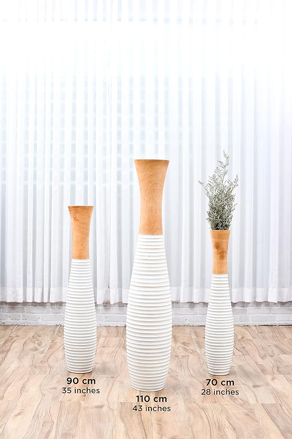 Leewadee Large Floor Vase – Handmade Flower Holder Made of Wood, Sophisticated Vessel for Decorative Branches and Dried Flowers, 36 inches, Ecru White