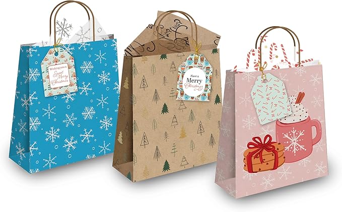 Pro Supply Global 24 Count of 2.5 Inch x 3 Inch Pre Strung Christmas Treats Gift Tag Assorted Printed Designs on Large Cardstock Gift Hang Tags - Ideal to Use on Bags