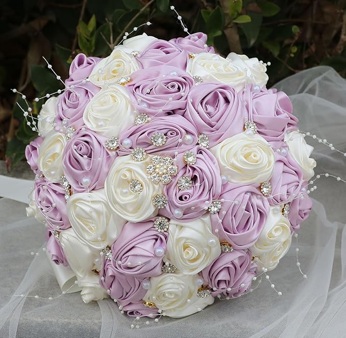 Bridal Wedding Bouquet Round Bling Brooch Bouquet Throw Toss Artificial Rose Flower Bunch for Bride Bridesmaid Wedding Quinceanera(Light Taro Purple & Ivory, 7.5")