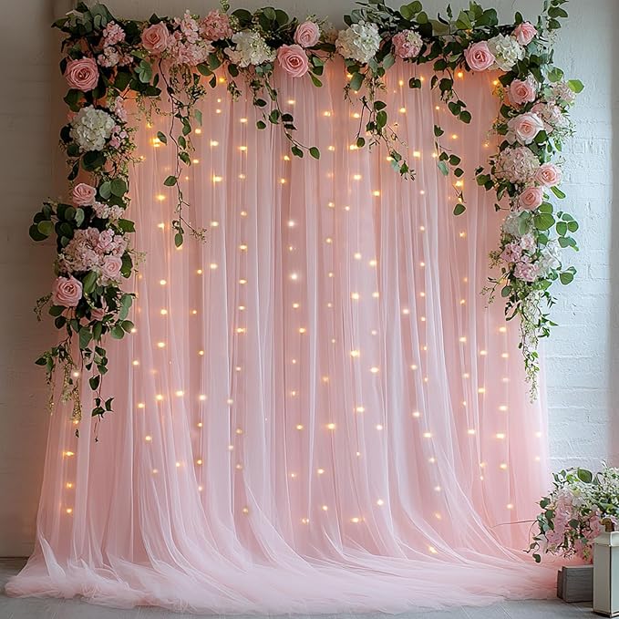 Tulle Curtain Backdrop with 300 LED Fairy Lights for Parites Wrinkle-Free Sheer Curtain Drapes Photo Back Drop for Wedding Baby Shower Bridal Shower Birthday Dance Home Décor - 10ft×10ft, Pink