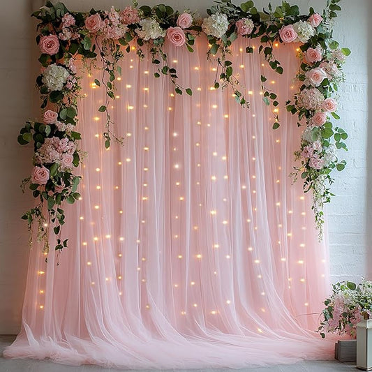 Tulle Curtain Backdrop with 300 LED Fairy Lights for Parites Wrinkle-Free Sheer Curtain Drapes Photo Back Drop for Wedding Baby Shower Bridal Shower Birthday Dance Home Décor - 10ft×10ft, Pink