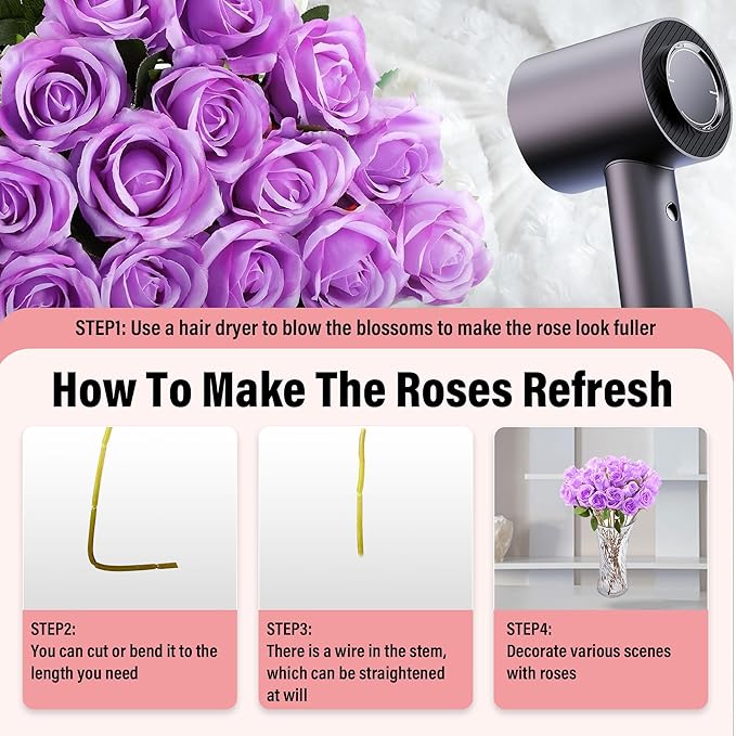 20PCS Artificial Roses with Long Stems - Realistic Silk Flowers, Fake Roses Real Touch Bouquet Roses for Home Decor, Bridal Wedding Table Centerpieces, Faux Rose Flowers (Pink Purple)