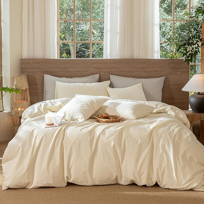 MooMee Wavy Striped Duvet Cover Set 100% Washed Cotton Linen Like Textured Breathable Durable Soft Comfy (Cream White, Oversized Queen 98"x98")