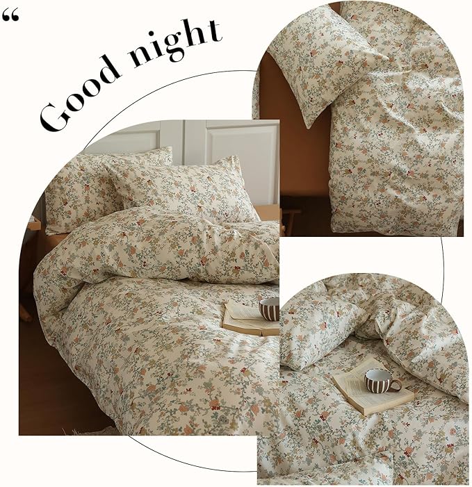 EAVD Vintage Botanical Floral Duvet Cover Queen - Soft Cotton Chic Shabby Garden Bedding Set With 2 Pillowcases, Fresh Reversible Comforter Cover With Zipper Closure