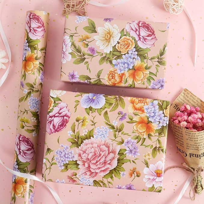 RayofSun Floral Wrapping Paper Roll Roll 17 in x 16.5 ft Mini Roll Pink Peonies Yellow Roses Blooms Gift Wrap Paper for All Occasion Wedding Birthday Bridal Shower Party Wrapping Supplies
