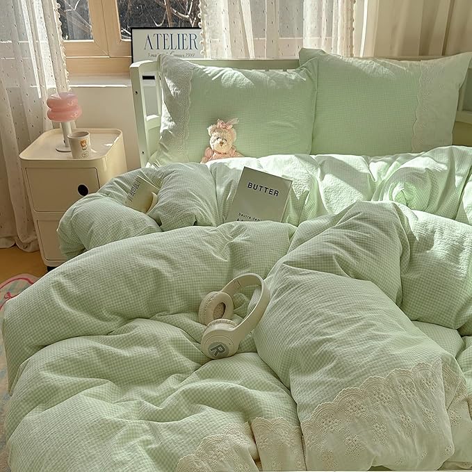 LifeTB Green Gingham Comforter Set King Romantic Lace Style Vintage Checkered Plaid Comforter Set 3 Pieces Green Grid Comforter with 2 Pillowcases Soft Fluffy Farmhouse Gingham Bedding Set King