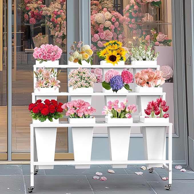 Flower Display Stand with 12 Buckets, Flower Cart 3 Layers White Metal Flower Bar Stand with Wheels, Moving Florist Bouquet Shelf for Weddings Florist Indoor Outdoor Patio Garden Living Room
