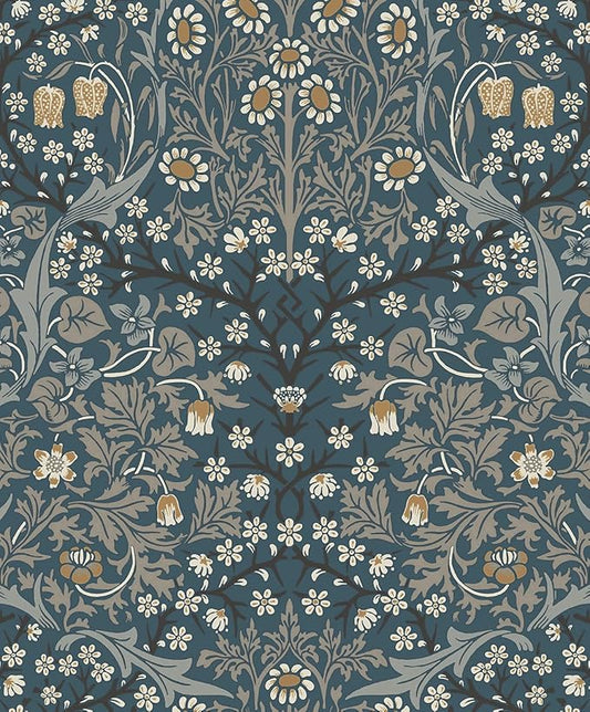 NextWall Seabrook Designs Victorian Garden Floral Vintage Prepasted Wallpaper (Aegean Blue & Warm Stone)