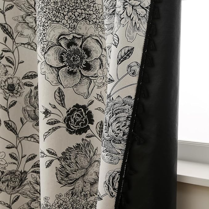 100% Blackout Black Floral Farmhouse Curtains Living Room Thermal Insulated Drapes Elegant Peony Pattern & Tassel Curtains 2 Panels Blocking Curtains for Windows Floral Drapes (52W*96L)