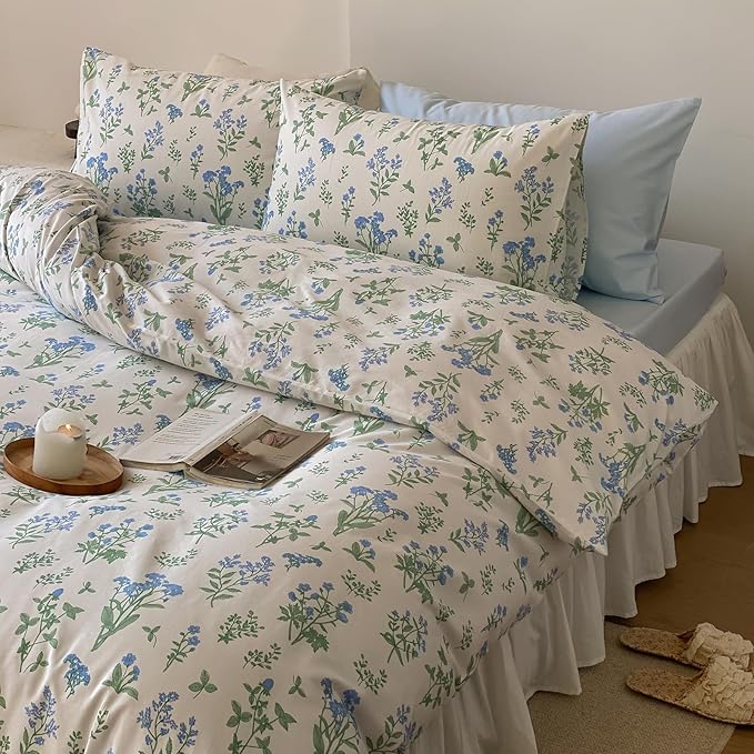 HighBuy Girl Blue Floral Comforter Set Twin XL Size White Comforter Sets Botanical Coquette Bedding Comforter Twin XL with 2 Pillowcases Garden Style Floral Bedding Comforter Set