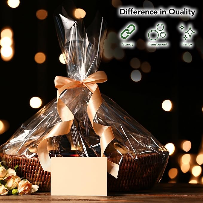 Extra Large Cellophane Gift Bags 30 x 40 Inch (12 Pack) — Clear Basket Wrap Bags for Gift Baskets, Holiday Packaging, Party Favors, DIY Gifts (Ribbon & Basket Not Included)