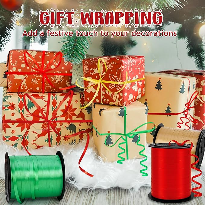 600 Yards Christmas Ribbon Curling, 3 Rolls Christmas Party Decorations, 1/5 Inches Holiday Ribbon, Plastic Ribbons for Crafts Present Wrapping Green Gold Red Curling Ribbon Party Balloon String