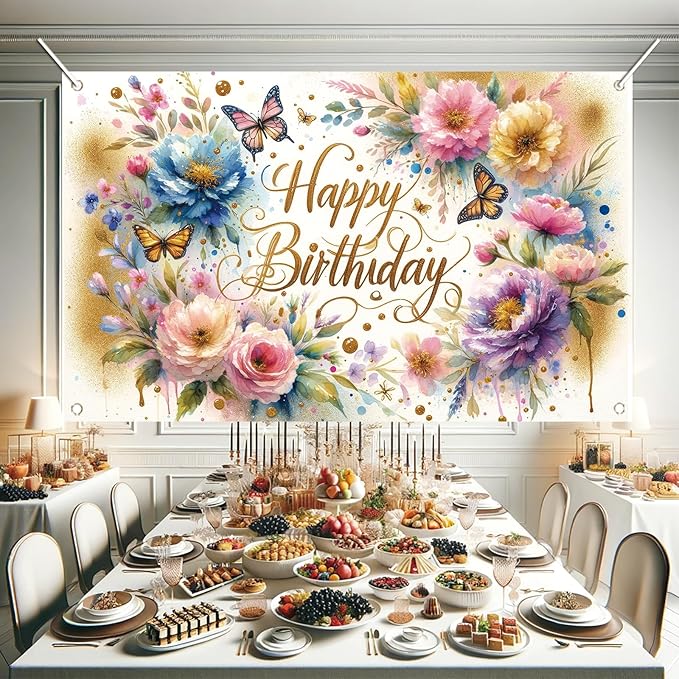 Floral Birthday Backdrop for Girls Spring Butterfly Happy Birthday Photography Background Pink Flower Blossom Plant Pastel Girls Lovely Princess Banner Photo Booth Studio 70.8 x 43.3 Inch