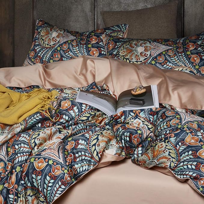 VM VOUGEMARKET Boho Duvet Cover Queen,Paisley Flower Printed Long Staple Cotton Duvet Cover with 2 Pillowcases,Retro Damask Medallion Bedding Set-3 Pieces 90"x90"