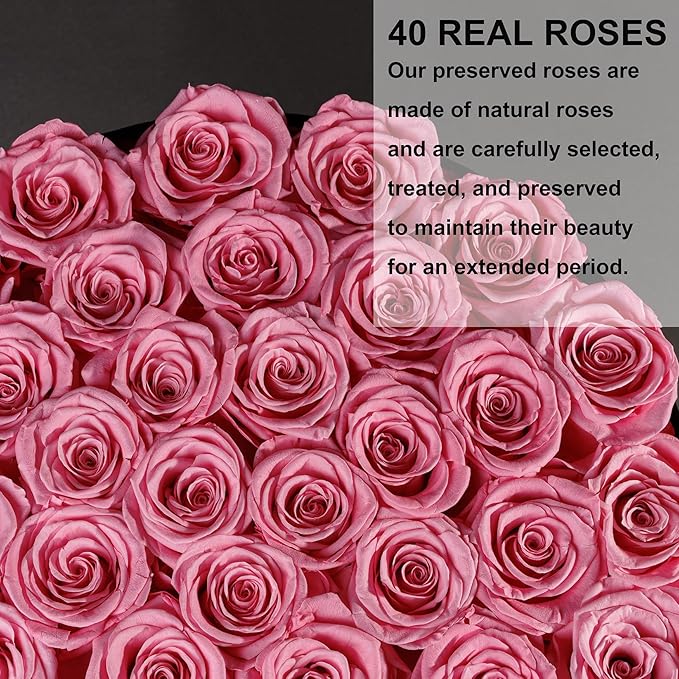 40 Pieces Preserved Roses in Suede Box, Flowers for Mothers Day, Preserved Flowers Gift for Women, Pink