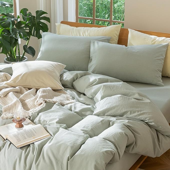 MooMee Bedding Duvet Cover Set 100% Washed Cotton Linen Like Textured Breathable Durable Soft Comfy (Heathered Sage Green, Super King 108"x98")
