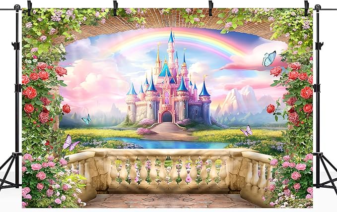 Riyidecor Pink Castle Backdrop Polyester Fabric Princess Flower Blossom Spring Floral Butterfly 7Wx5H Feet Fairy Fantasy Balcony Rainbow Photography Background Birthday Wedding Photo Studio Shoot