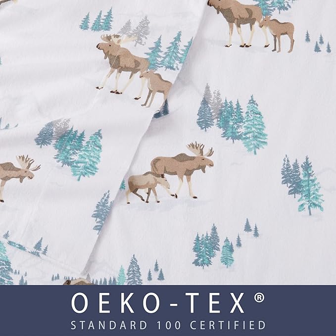 Market & Place 100% Turkish Cotton Flannel Sheet Set | 3 Piece Deep Pocket Novelty Cozy Winter Bed Sheets | Double Brushed for Extra Softness & Comfort | Alpine Collection (Twin, Moose)