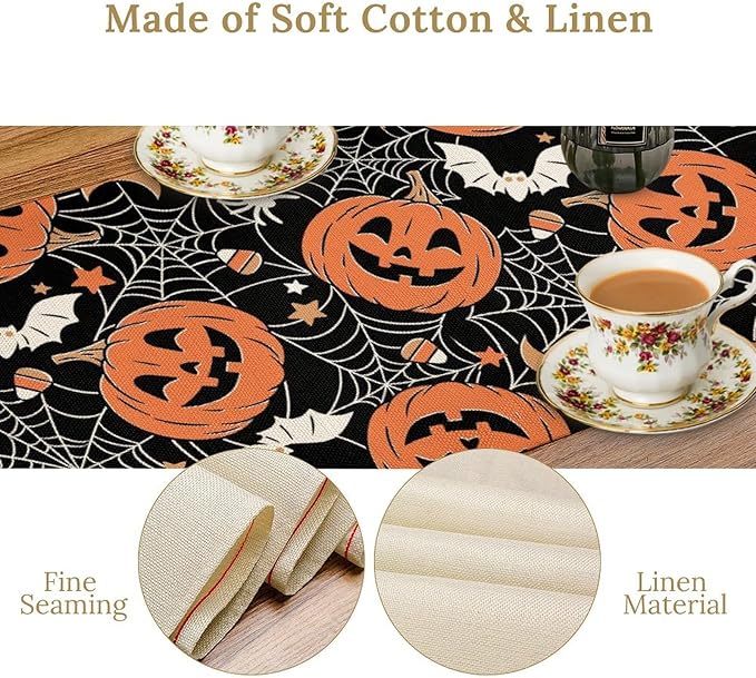 Bat Table Runner,Halloween Pumpkin Spider Web Table Runner for Home Kitchen Table Dining Garden Farmhouse Wedding Party Decor 13x60 Inch