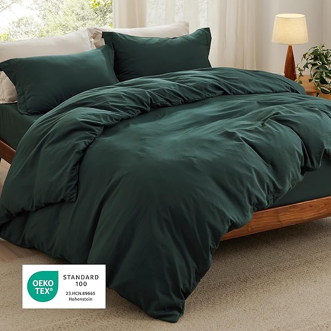 Bedsure Duvet Cover King Size with Fitted Sheet - 4 Pieces Prewashed Cotton-Like Extra Soft Bedding Set, Includes 1 Duvet Cover 104x90 Inches, 2 Pillow Shams, 1 Fitted Sheet, Forest Green