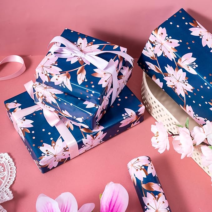 LeZakaa Floral Wrapping Paper Roll, Pink Sakura Blossoms Design for Wedding, Bridal Shower, Anniversary, Mother's Day, Birthday, Spring Holiday, Mini Roll, 17 In x 32.8 Ft