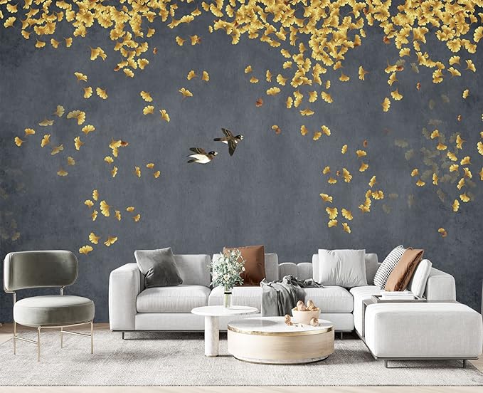 Ginkgo Leaf Flower Bird Wall Mural Wallpaper for Bedroom 137" x 100"