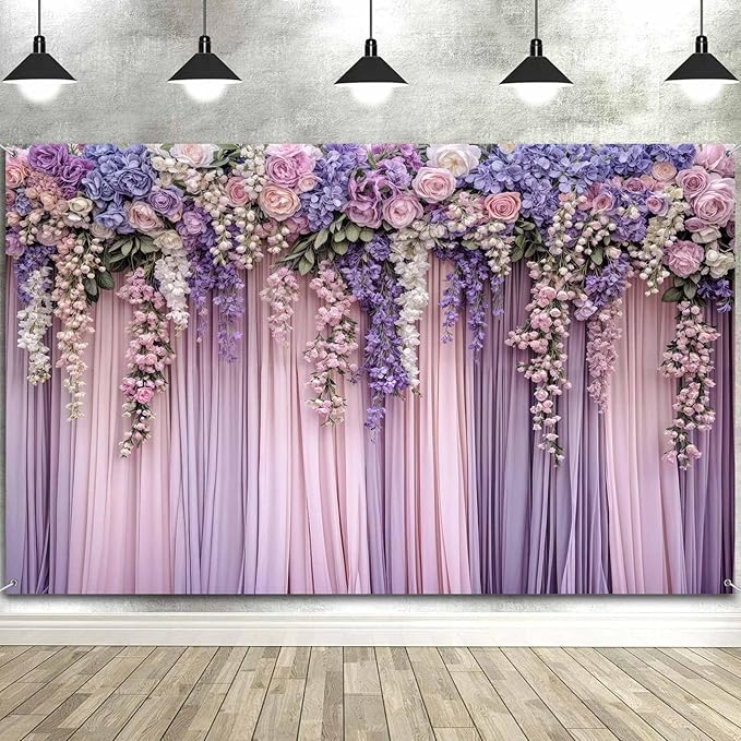 6x6ft Purple Flower Wedding Photography Backdrop Lavender Floral Wedding Bridal Photography Backdrop Anniversary Birthday Baby Shower Girl Party Banner Photo Booth Props Background Wall Decor
