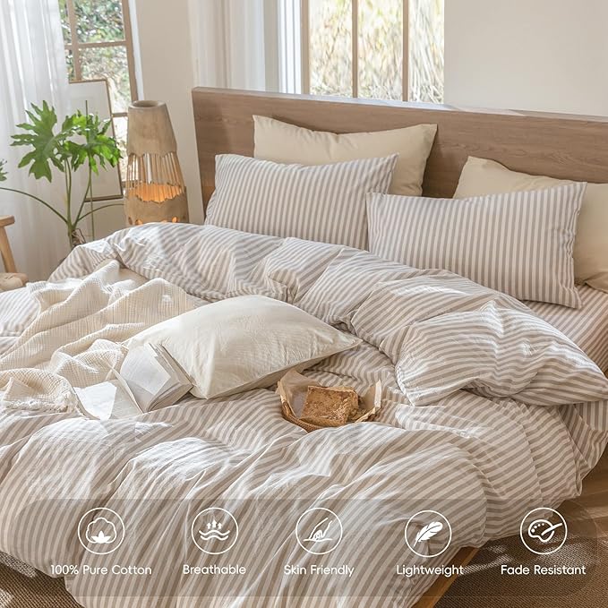 MooMee Striped Duvet Cover Set 100% Washed Cotton Linen Like Textured Breathable Durable Soft Comfy (Tannish Linen Grey White Classic Stripes, Palatial King/Oversized King 120"x98")